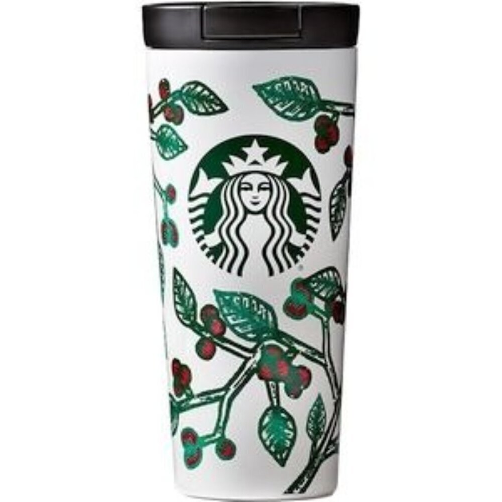 Starbucks 2016 White Stainless Steel Tumbler Holly‎ Red Berry 16oz Mug Cup